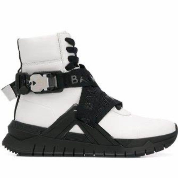 Balmain Shoes - BALMAIN PARIS B TROOP HI-TOP SNEAKERS IN WHITE LEATHER W/BLACK LACES STRAPS EU40
